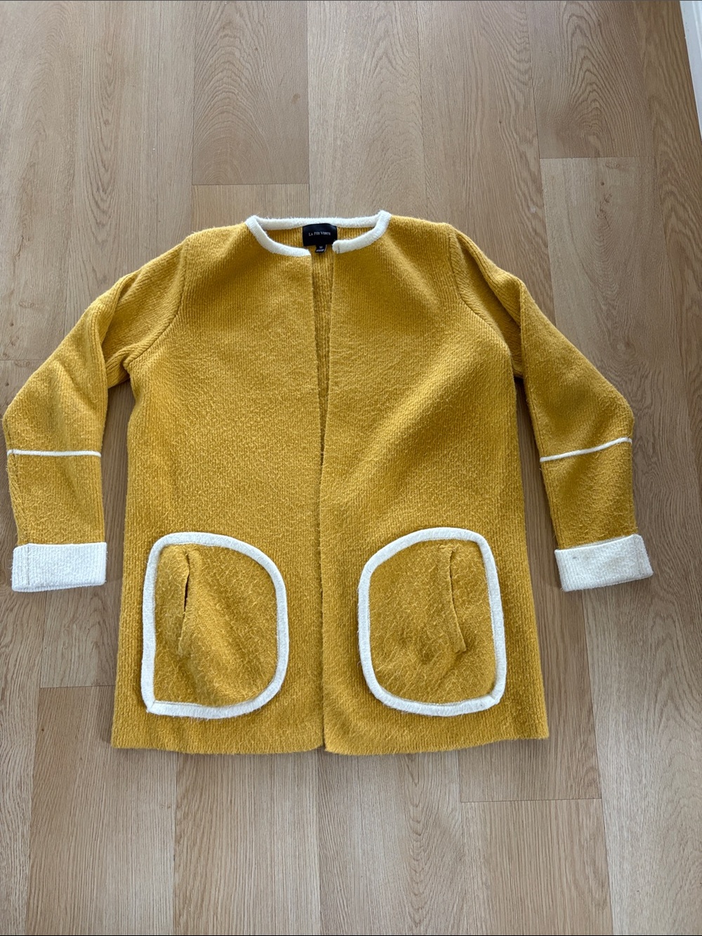 La Fee Verte Mustard Yellow Sweater Jacket with Cream Trim